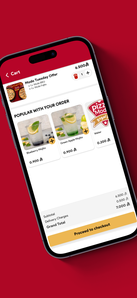 Pizza Modo - Pizza Modo app checkout screen displaying a cart summary with pizza offers and drink suggestions.