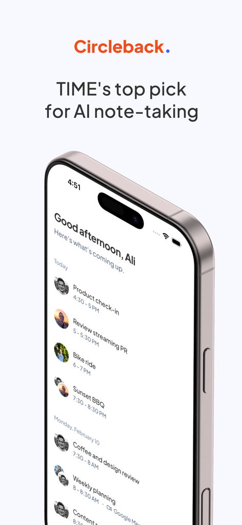 Circleback - AI Meeting Notes - Circleback app showing a list of upcoming meetings on an iPhone screen with the text TIME's top pick for AI note-taking.
