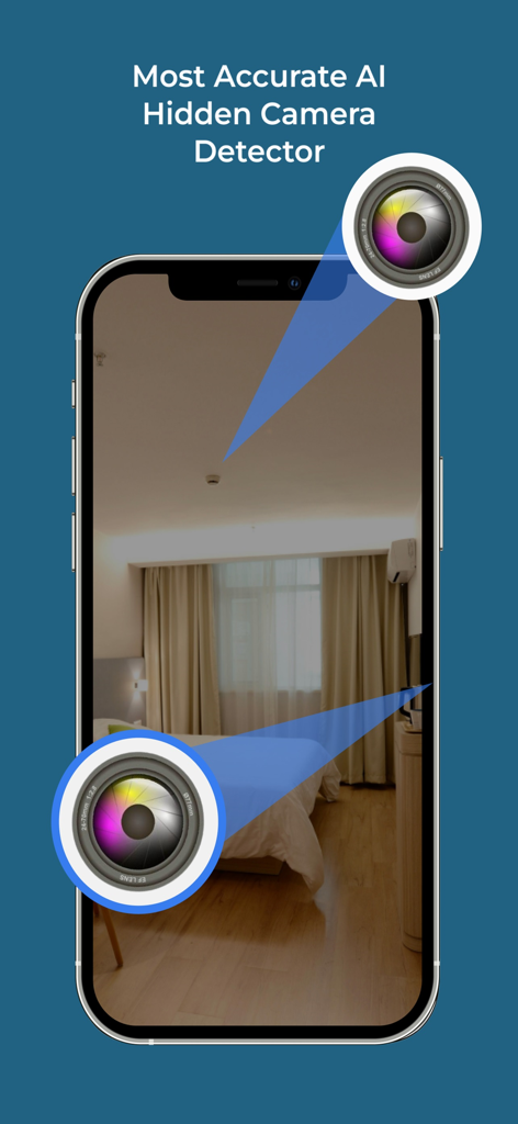 AI Hidden Spy Camera Detector - Interfaz de la aplicación AI Hidden Spy Camera Detector escaneando una habitación de hotel en busca de dispositivos de vigilancia ocultos