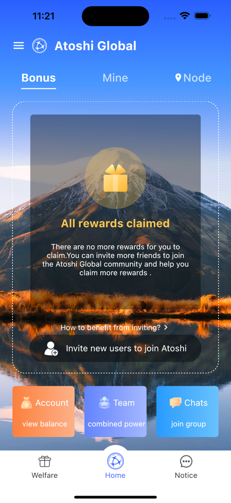 ATOSHI:Crypto Mining & Rewards - Atoshi Global app screenshot showing the bonus rewards section and referral options
