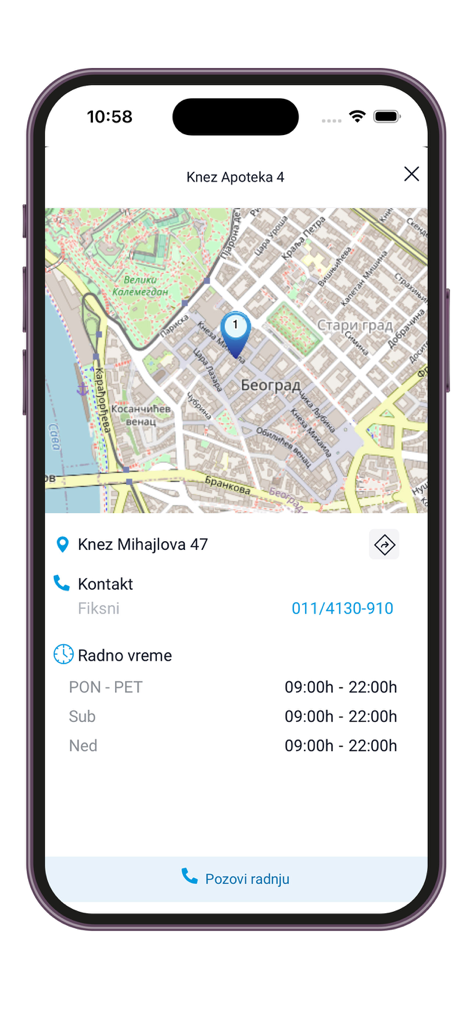 Lilly Drogerie app screen displaying a pharmacy store locator with map address and working hours