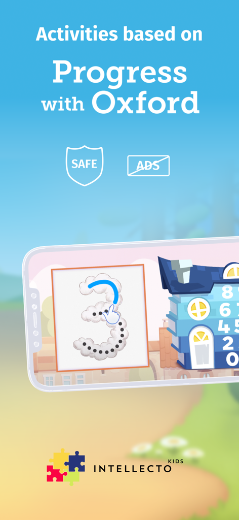 A mobile screen from Intellecto Kids showing a number tracing activity for the number three with the Progress with Oxford curriculum logo.