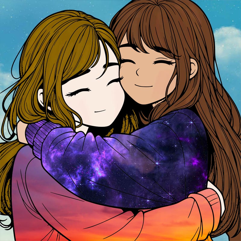 realistic two girls hugging