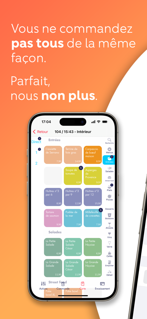 Interface du système de point de vente mobile L'Addition Suite montrant un menu numérique personnalisable de restaurant avec des catégories d'aliments