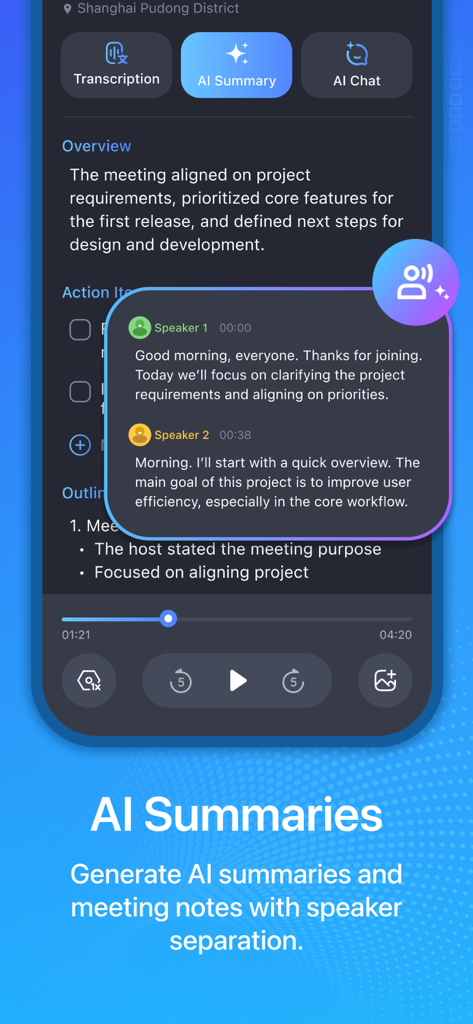 Voice recorder app screen showing AI summary and speaker separation