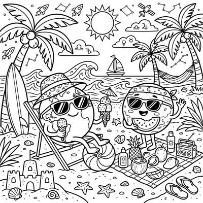 Journey to an interstellar beach with our fun coloring page featuring personified terrestrial planets enjoying a summer vacation. This unique design combines celestial bodies with classic beach fun, perfect for an engaging coloring session.