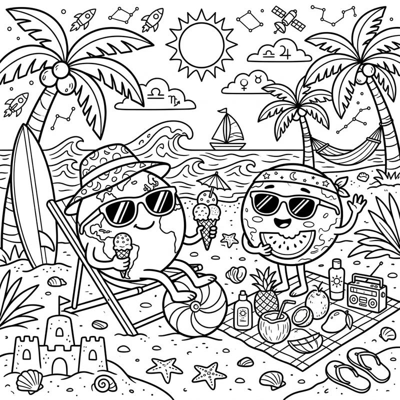 Journey to an interstellar beach with our fun coloring page featuring personified terrestrial planets enjoying a summer vacation. This unique design combines celestial bodies with classic beach fun, perfect for an engaging coloring session.