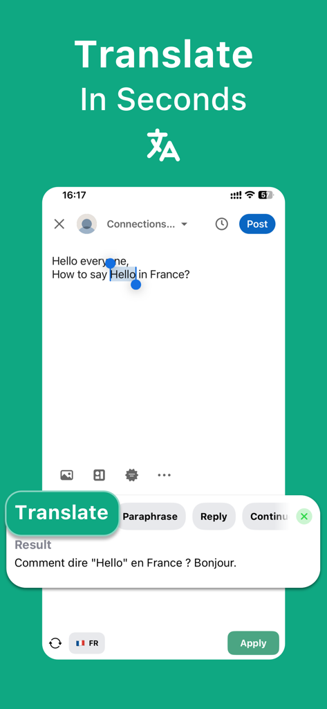 TyperAI: AI Keyboard & Writer - A screenshot of the TyperAI app interface showing the real-time translation feature into French