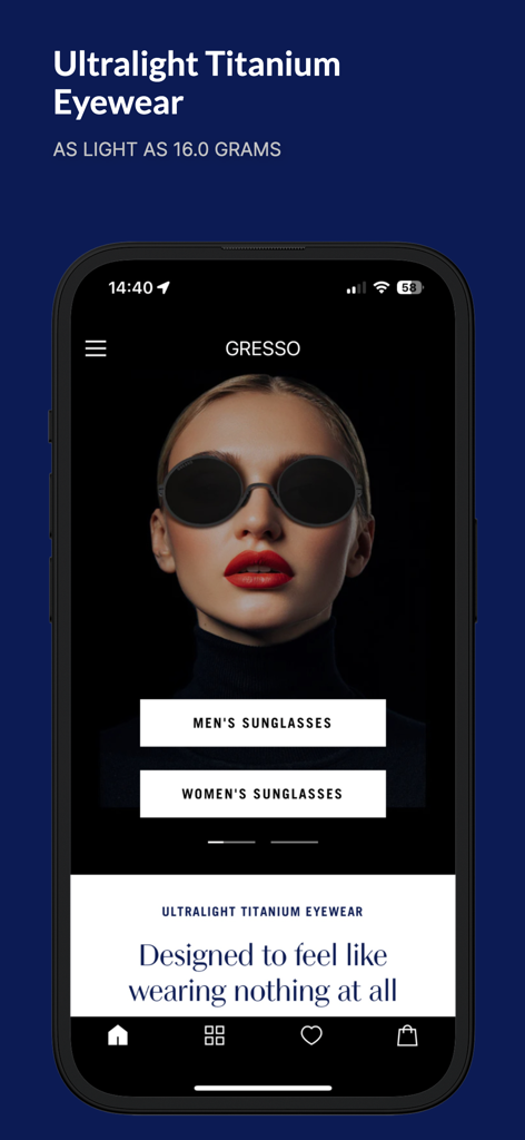 GRESSO | Titanium Eyewear - Gresso mobile app interface showing ultralight titanium eyewear and shop buttons for men and women sunglasses
