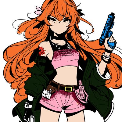bad girl wearing crop top holding a gun long hair anime