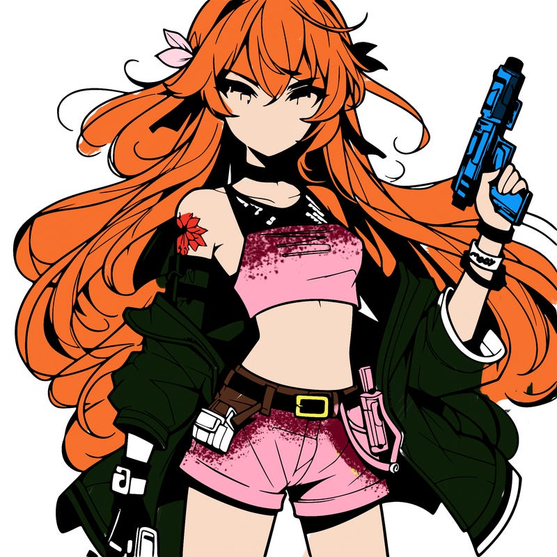 bad girl wearing crop top holding a gun long hair anime