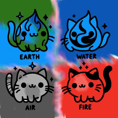4 cats that represent the different elements, earth, water, air, and fire