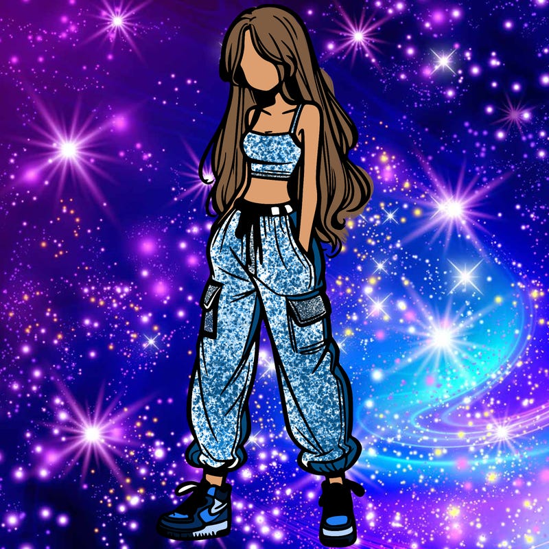 girl in baggy pants crop top and long hair