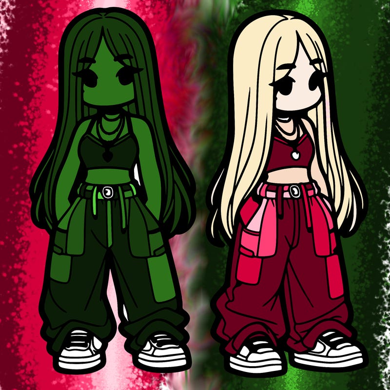 girl in baggy pants crop top and long hair