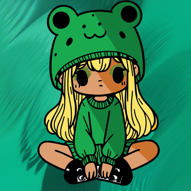 a girl wearing a frog hat and some frog socks