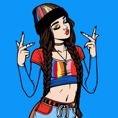 realistic teenage girl with braids and a beanie and crop top doing 🫶🏼