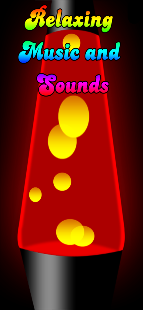 Lava Lamp Simulator - Digital red lava lamp with yellow floating blobs and the text relaxing music and sounds