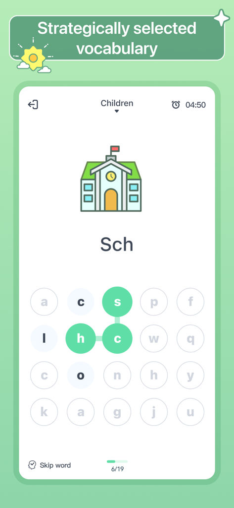 HelloWords Learn Languages Fun - HelloWords app interface showing a gamified language learning session with a vocabulary puzzle and a school icon