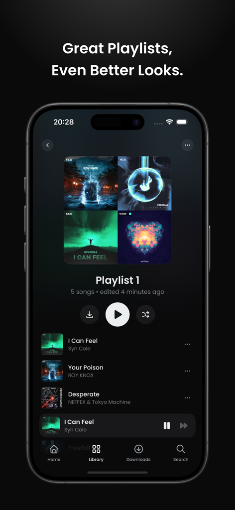Agin Music – Navidrome Client - Cliente Navidrome Agin Music mostrando uma playlist com arte do álbum e controles de reprodução