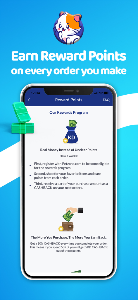 Petzone - Petzone mobile app screen explaining the reward points program and 10 percent cashback benefit