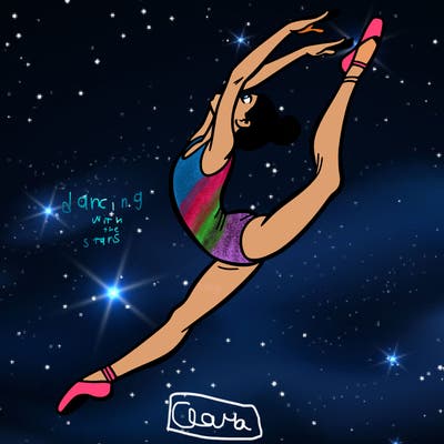 gymnast doing a leap in a leotard with a bent back leg
