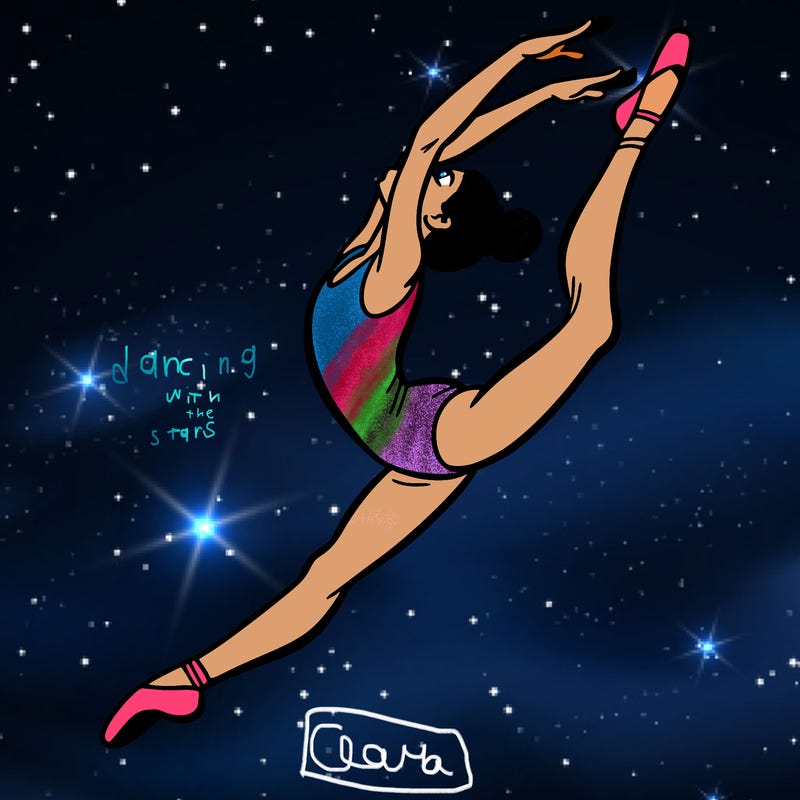 gymnast doing a leap in a leotard with a bent back leg