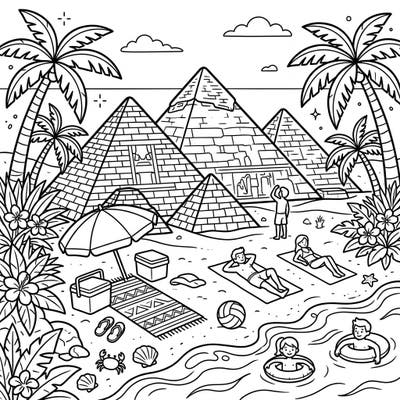 Journey to a whimsical summer getaway where ancient pyramids meet a vibrant beach scene. This engaging coloring page offers a unique blend of history and relaxation, perfect for all ages.