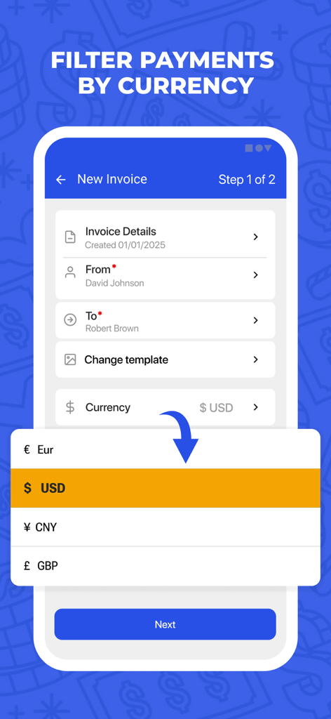 Invoice Maker & Estimates - 전문 송장을 만들기 위한 다중 통화 지원을 보여주는 모바일 인터페이스