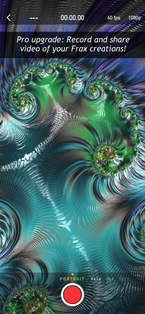 Fraⅹ - Fraxアプリのビデオ録画インターフェース内の、鮮やかなティールと緑色のフラクタルアートワーク