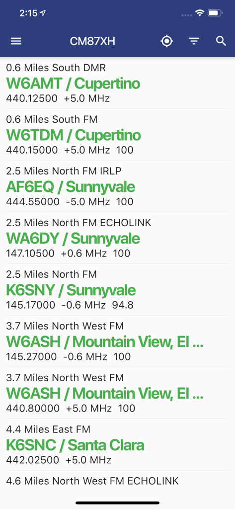 RepeaterBook - A screenshot of the RepeaterBook app showing a list of nearby amateur radio repeaters with frequencies and call signs