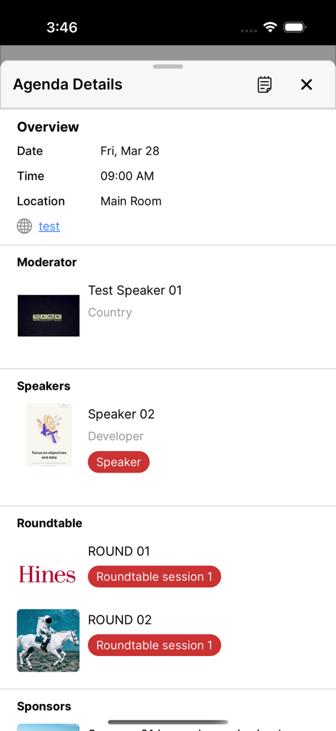 Markets Group - Markets Group app screenshot showing agenda details including session overview, speakers, and roundtable information.