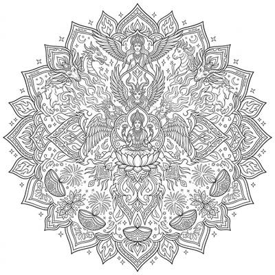 Discover a captivating mandala uniting the spirit of Diwali with enchanting mythical creatures and deities. This intricate design offers a unique blend of spiritual celebration and fantasy art, perfect for mindful coloring.