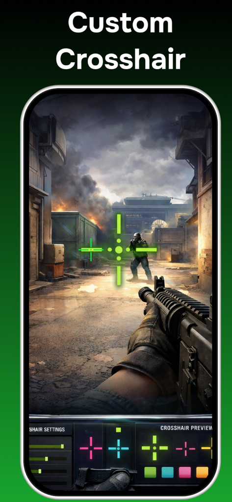 Custom Crosshair Aim Hero - Custom Crosshair Aim Hero app interface showing a green crosshair preview over a tactical shooter game background