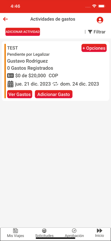 Oberfläche der Cocha Corp App, die eine Liste von Spesenaktivitäten und ausstehenden Berichten für Geschäftsreisen anzeigt.