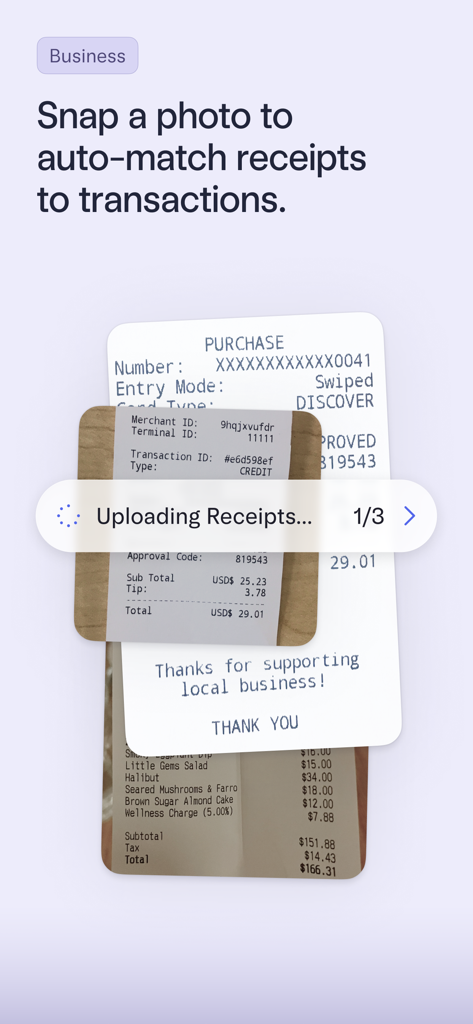 Mercuryアプリのインターフェース。ビジネス取引の自動レシート照合が表示されています