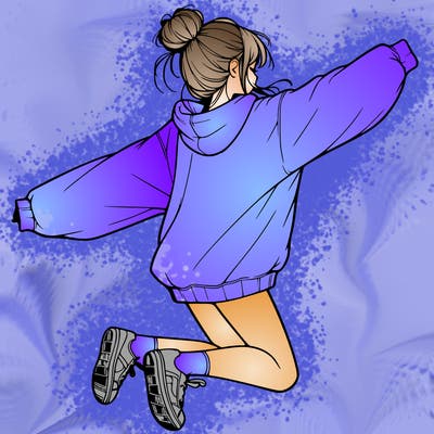 realistic girl jumping with a bun and oversized sweatshirt
