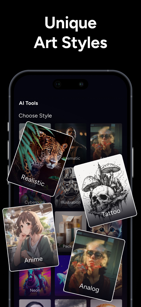 AI Image Generator - Monet - Interfaz del generador de imágenes IA Monet que muestra diferentes estilos de arte como Realista, Anime y Tatuaje