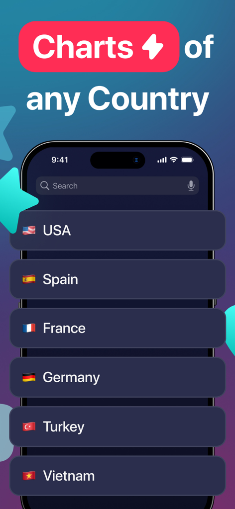 TokTrends Fans,Likes,Followers - TokTrends app screenshot showing a menu to select countries for viral TikTok trend analysis