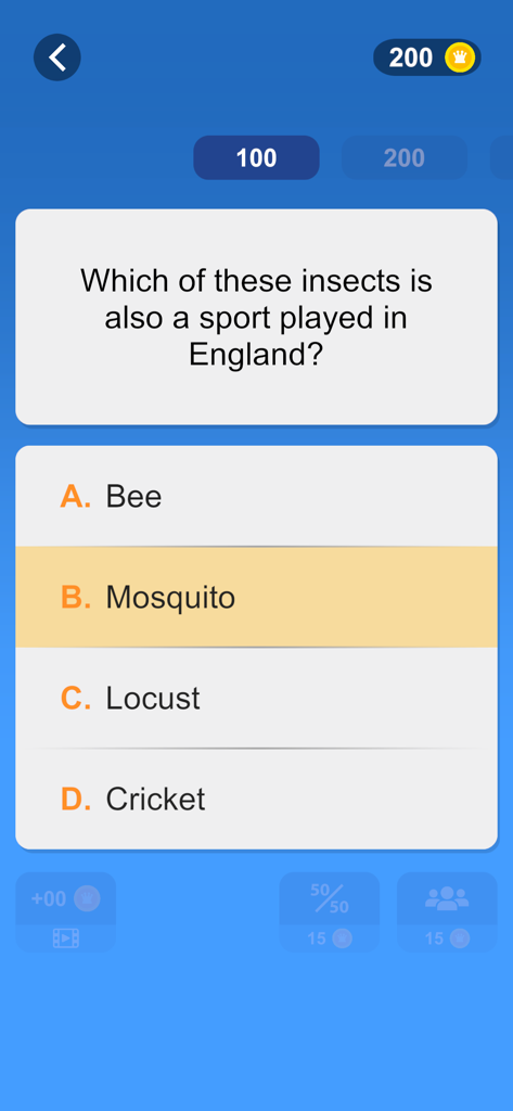 Millionaire Quiz - Pantalla de pregunta de trivia en la aplicación móvil Millonario Quiz con respuestas de opción múltiple.