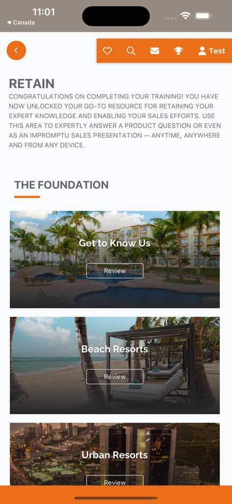 FA Travelty Collection Expert - Aplicación Experto en la Colección FA Travelty que muestra módulos de capacitación para resorts de playa y urbanos