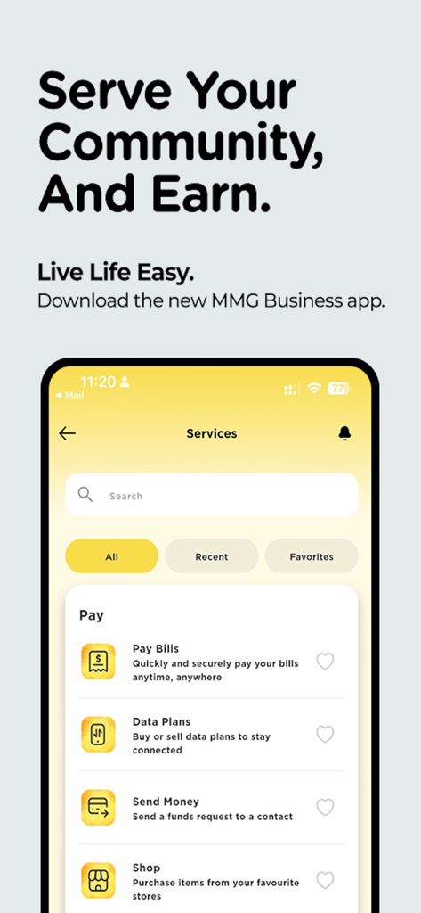 MMGBusiness- Agent & Merchant - A screenshot of the MMG Business app interface showing a list of services including bill payments, data plan purchases, and money transfers.