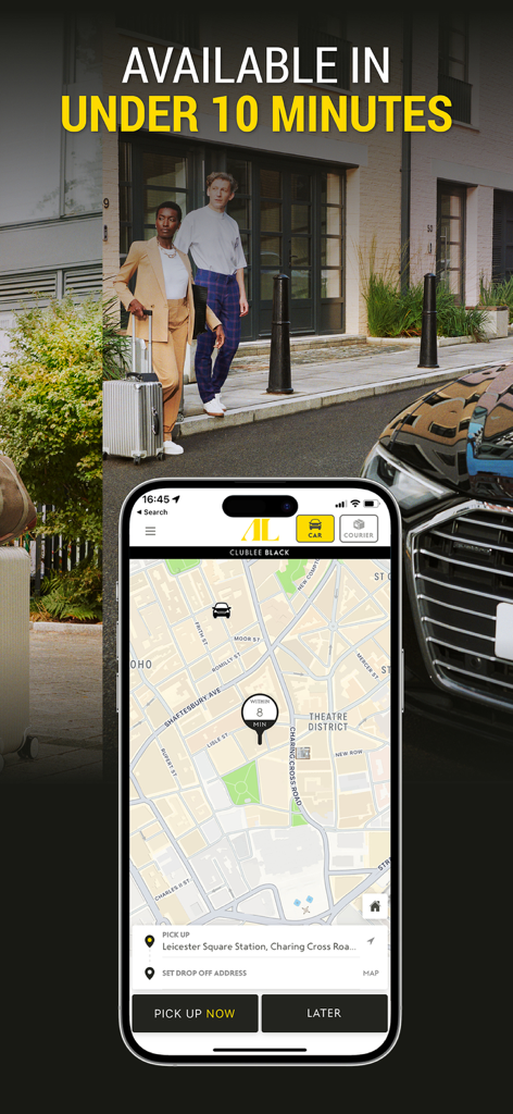 Addison Lee mobile app interface showing a taxi booking map with an eight minute arrival time in London.