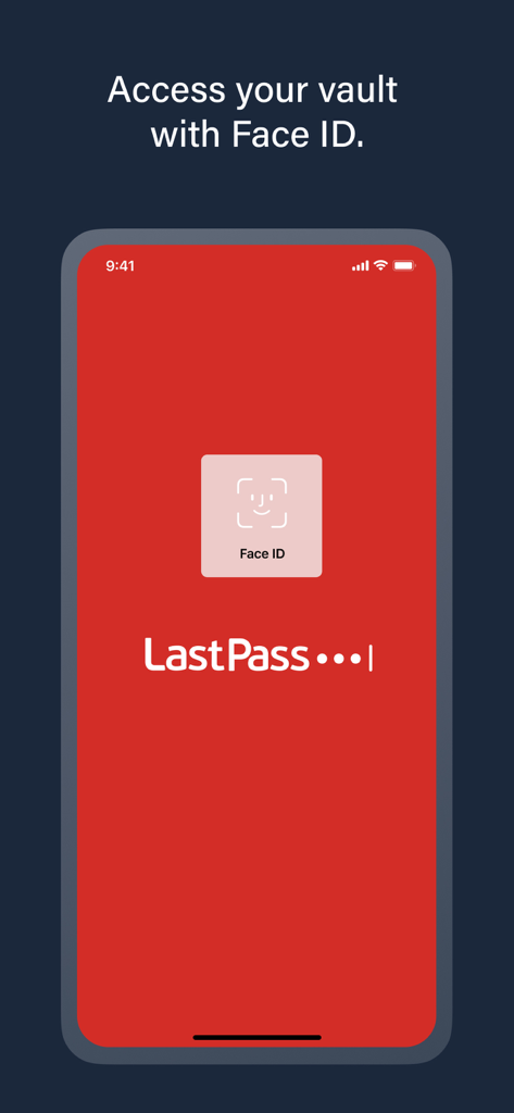 LastPass mobile app screen demonstrating secure login using Face ID to access the password vault