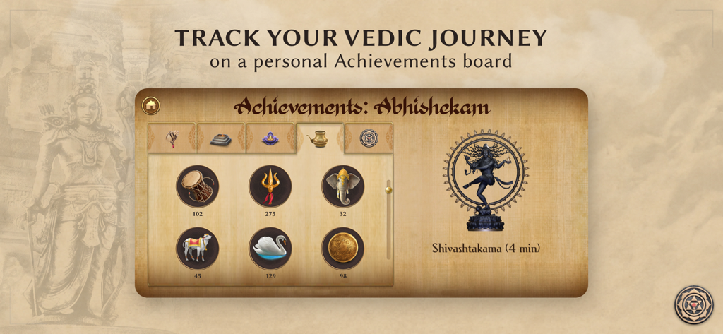 Sadhana: Mantra & Puja - Tablero de logros en la aplicación Sadhana que rastrea rituales védicos y progreso espiritual
