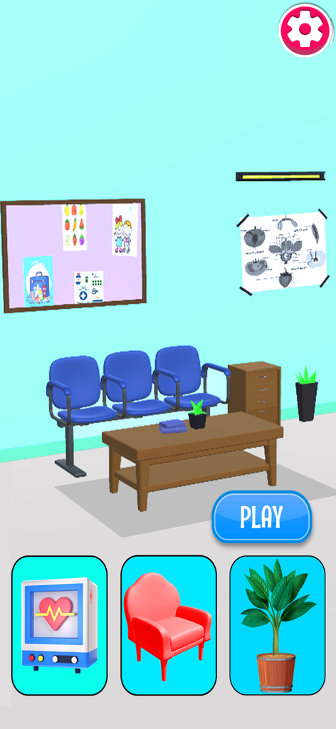 Fruit Doctor 3D: Fruit Clinic - The waiting room lobby and play menu of the Fruit Doctor 3D game