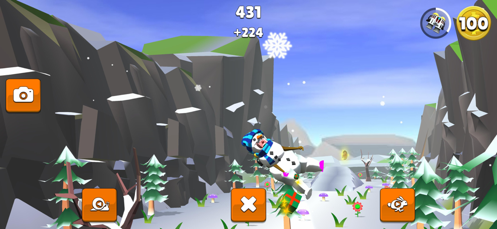 Faily Brakes Roadtrip - A character in a snowman costume flying through the air with ragdoll physics in a snowy winter world in Faily Brakes Roadtrip.