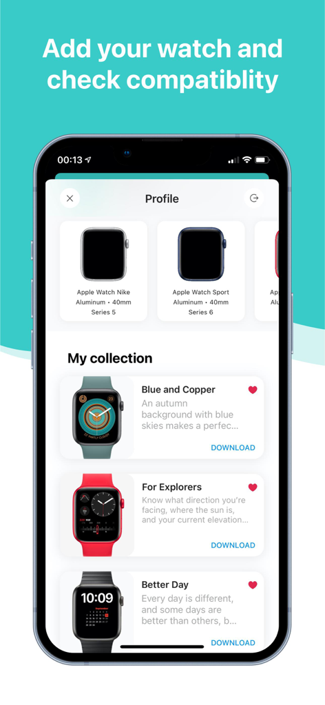 Apple Watchの互換性とダウンロード用のカスタムウォッチフェイスのコレクションを表示するBuddywatchアプリのプロフィール画面