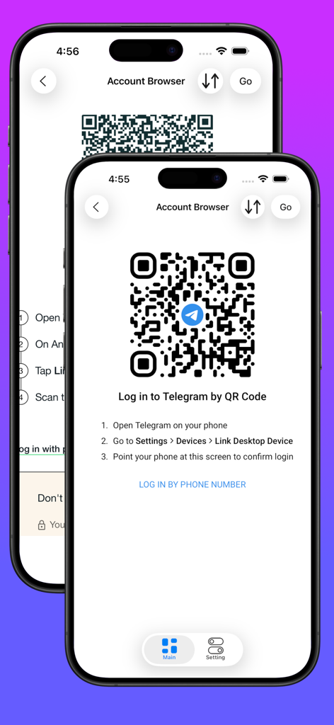 Bildschirm, der einen QR-Code für die Telegram-Anmeldung in der Dual Messenger App-Oberfläche zeigt