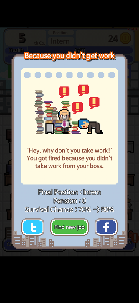 Pantalla de fin de juego pixel art que muestra a un personaje siendo despedido de un puesto de becario por no asumir suficiente trabajo del jefe