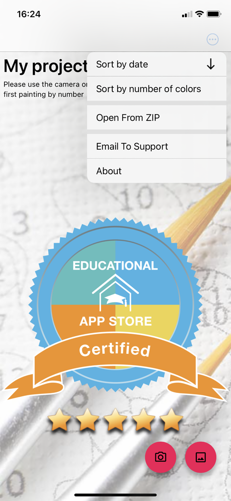 Paint By Number Creator - Educational App Store certified badge and project list interface in the Paint By Number Creator app